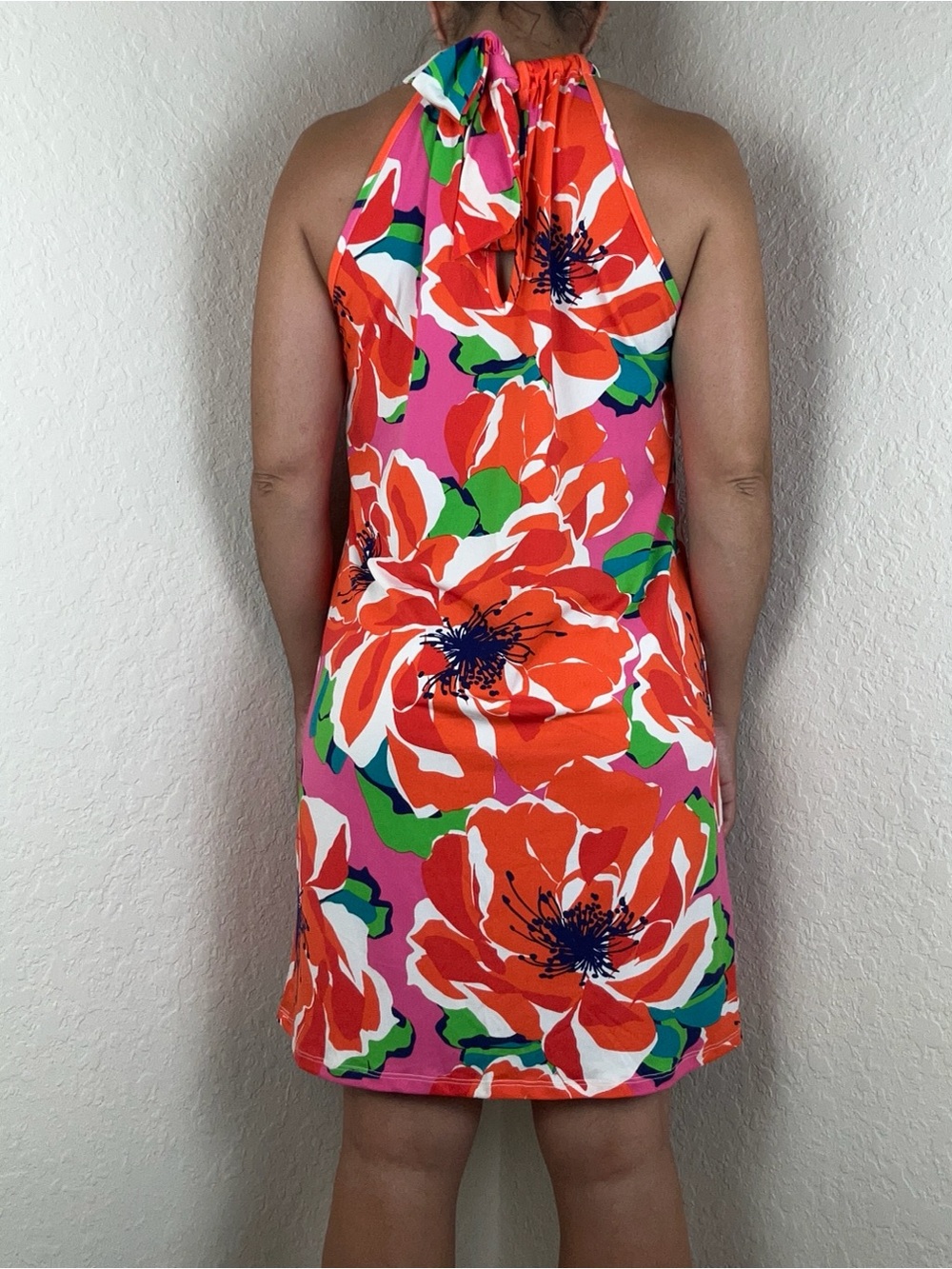 Trina Turk Juju Cover-Up Dress S Floral Halter Stretch Keyhole Back NEW orange - Picture 5 of 9